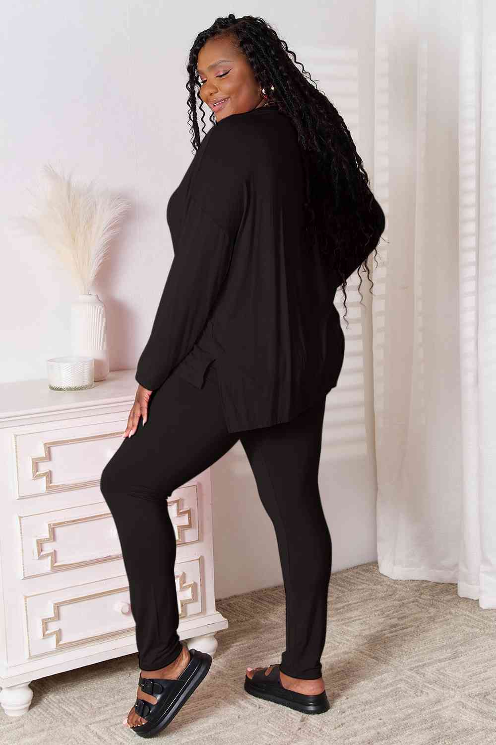 Basic Bae Full Size V-Neck Soft Rayon Long Sleeve Top and Pants Lounge Set from Enfance-Heureuse