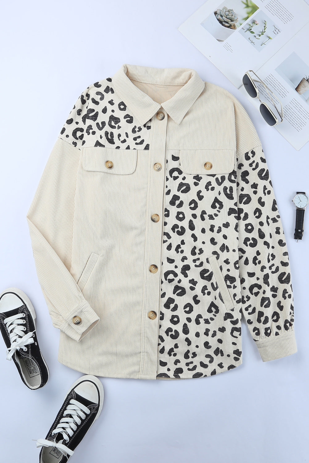 Apricot Corduroy Jacket with Leopard Print Details and Pockets from MsDressly