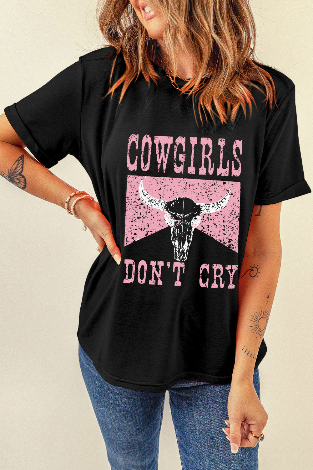 Black COWGIRL DONT CRY Steer Head Print Short Sleeve Top from MsDressly