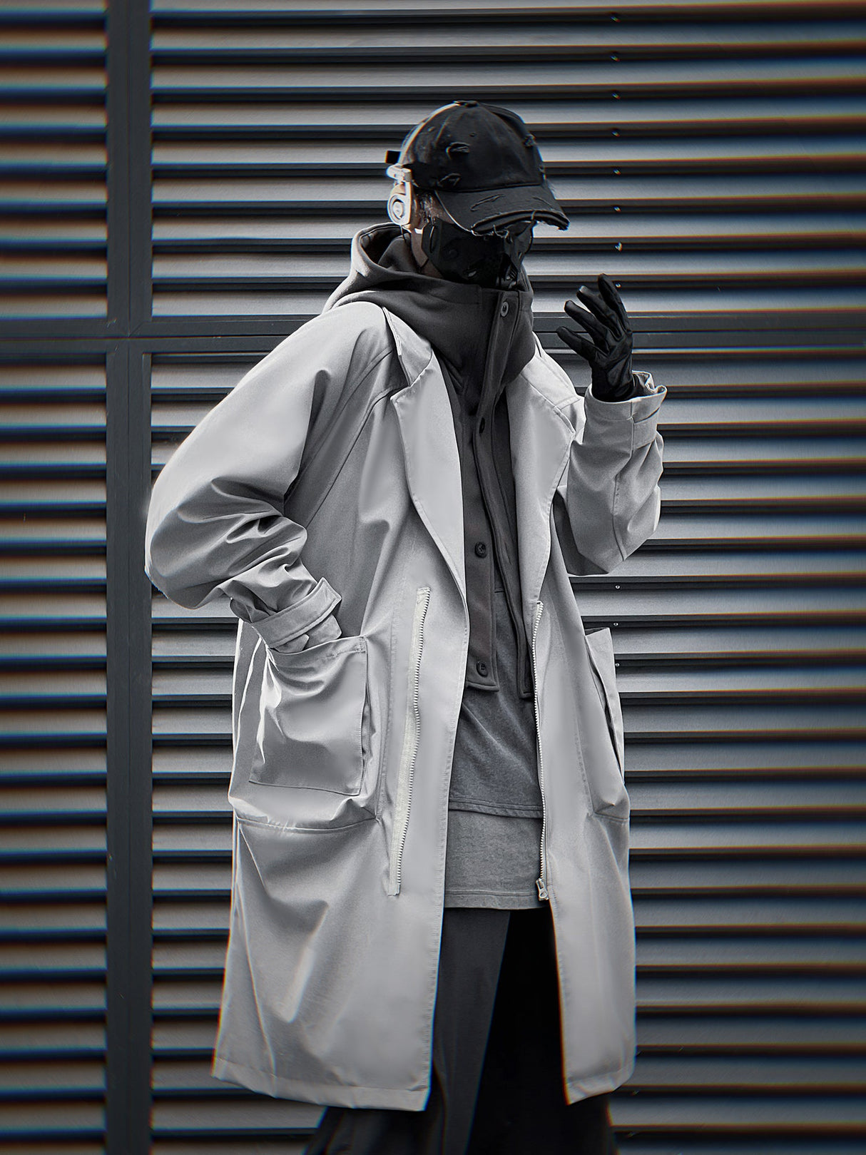 J36 Grey Urban Trench Coat with Hoodie from Niepce Inc