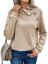 Apricot Textured High Neck Sweatshirt with Unique Asymmetrical Buttons from MsDressly