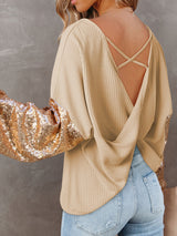 Apricot Sequin Patchwork Waffle Knit Open Back Top with Long Sleeves from MsDressly