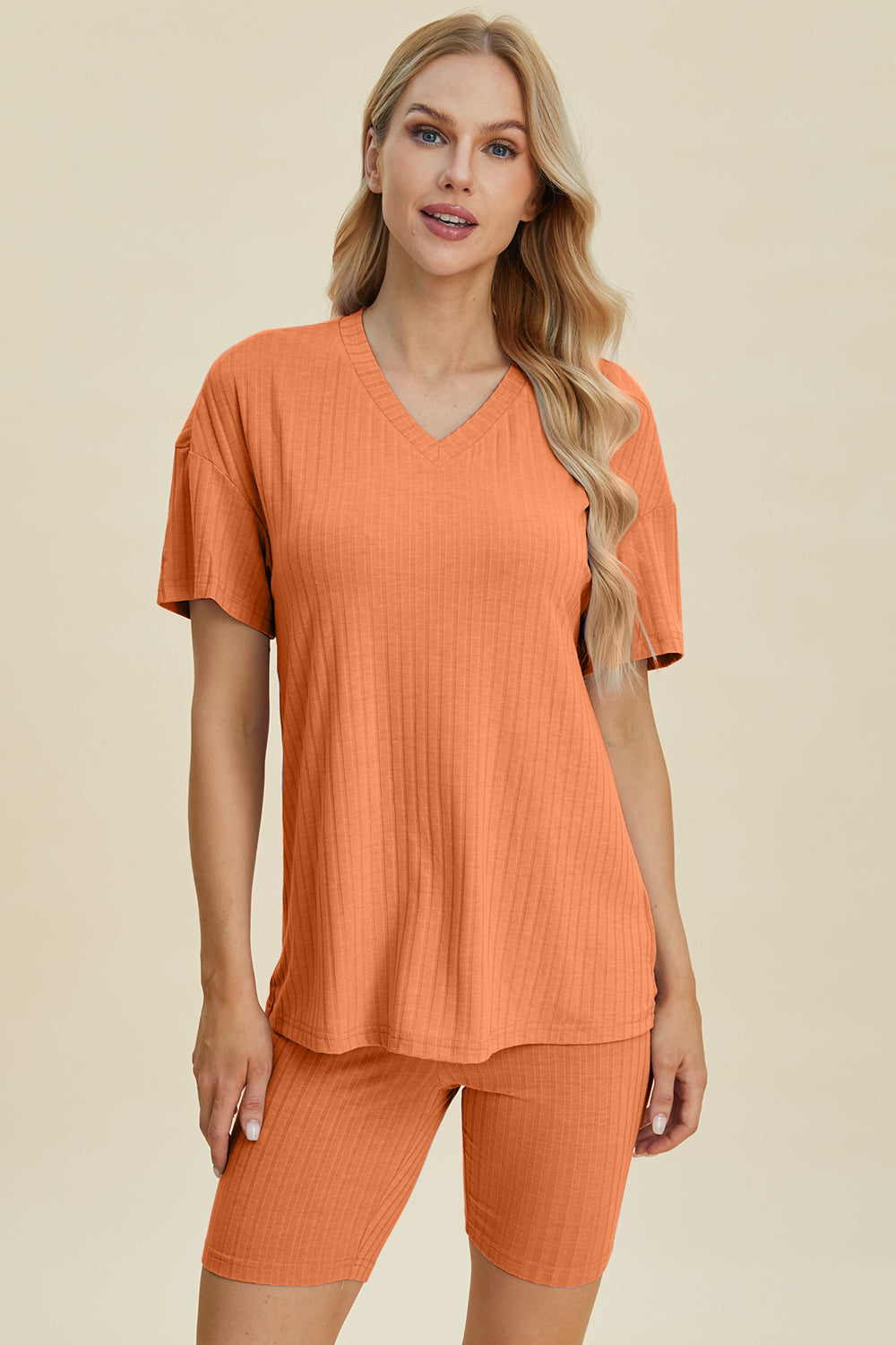 Basic Bae Full Size Ribbed V-Neck Short Sleeve Top and Shorts Set from Enfance-Heureuse