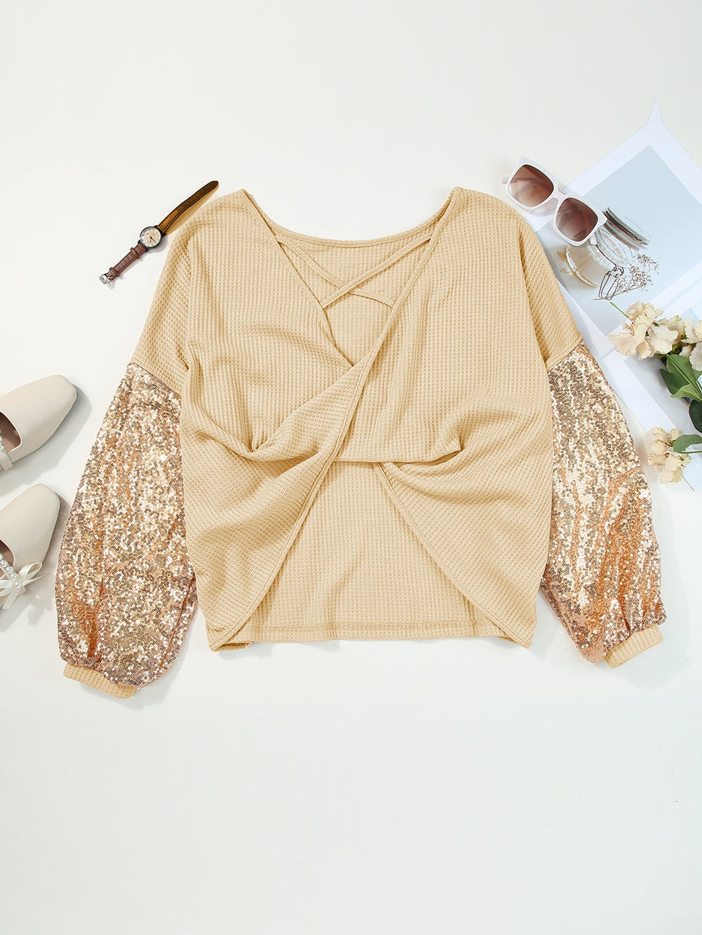 Apricot Sequin Patchwork Waffle Knit Open Back Top with Long Sleeves from MsDressly