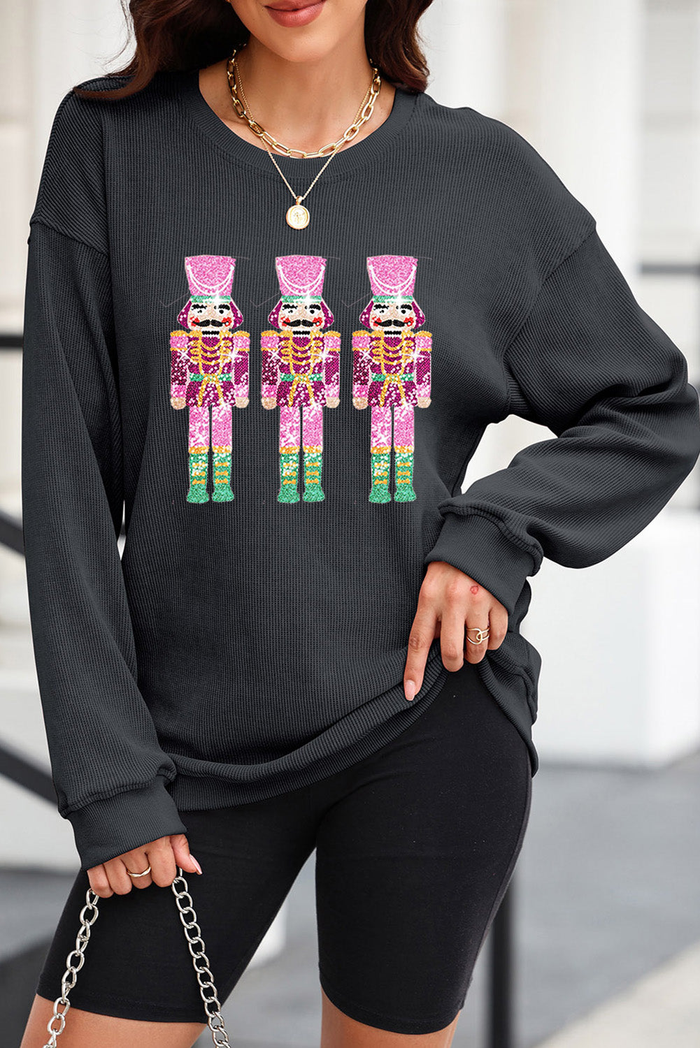 Black Christmas Sequined Nutcrackers Mineral Wash Corded Sweatshirt from MsDressly