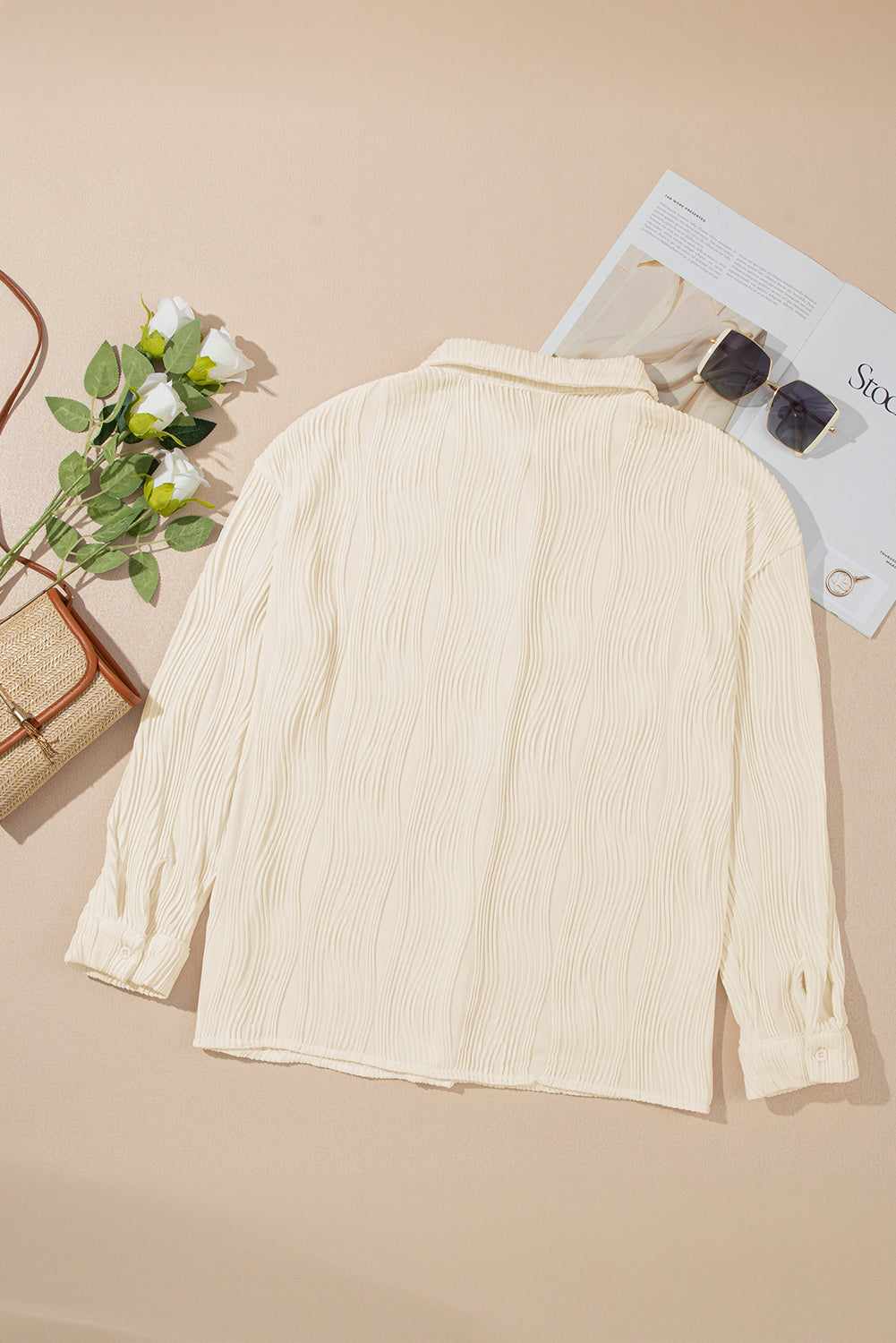 Apricot Solid Textured Buttoned Turn Down Collar Shirt from MsDressly