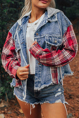 Beau Blue Plaid Print Patchwork Hooded Raw Hem Denim Jacket from MsDressly