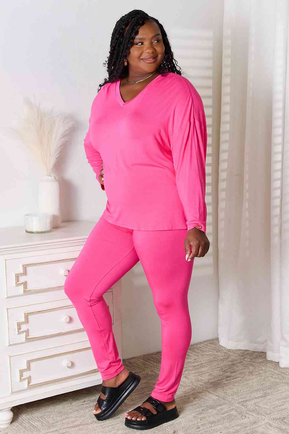 Basic Bae Full Size V-Neck Soft Rayon Long Sleeve Top and Pants Lounge Set from Enfance-Heureuse