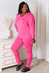 Basic Bae Full Size V-Neck Soft Rayon Long Sleeve Top and Pants Lounge Set from Enfance-Heureuse