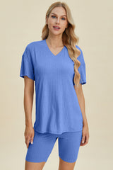 Basic Bae Full Size Ribbed V-Neck Short Sleeve Top and Shorts Set from Enfance-Heureuse