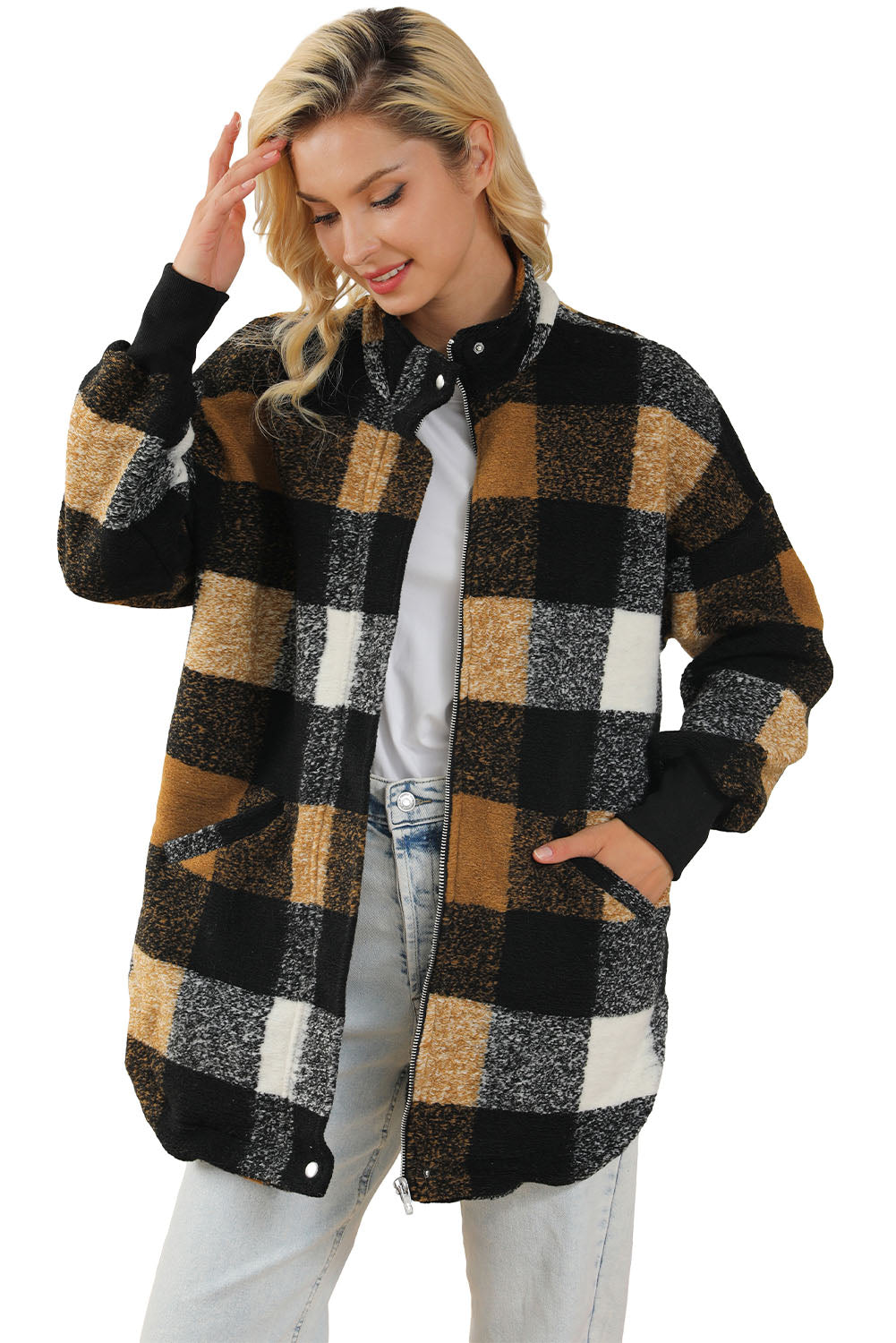 Black Zipper Side Pockets Plaid Overcoat from MsDressly