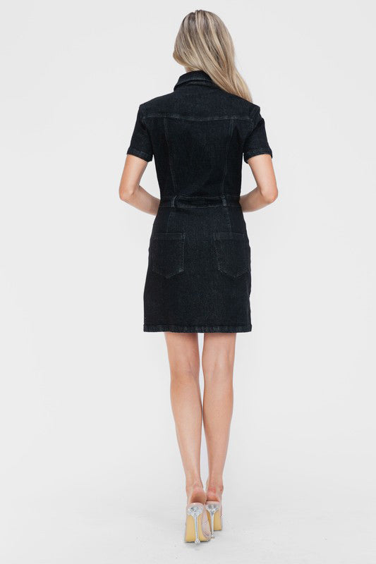 bytos Full Size Embellished Button Down Short Sleeve Denim Dress from Enfance-Heureuse