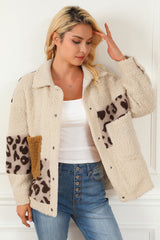 Beige Leopard Patchwork Snap Buttons Sherpa Jacket from MsDressly