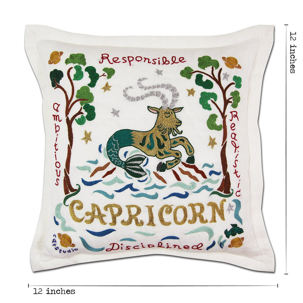 Capricorn Astrology Hand-Embroidered Pillow by Cat Studio from Quirks!