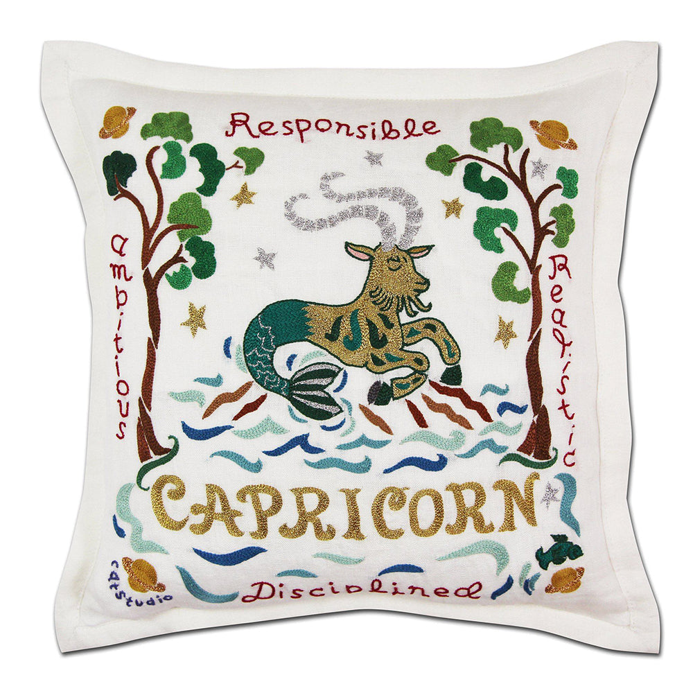 Capricorn Astrology Hand-Embroidered Pillow by Cat Studio from Quirks!