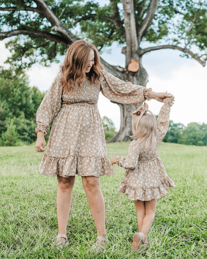 Caroline Long Sleeve Square Neck Dress - Light Khaki Floral from Bailey's Blossoms