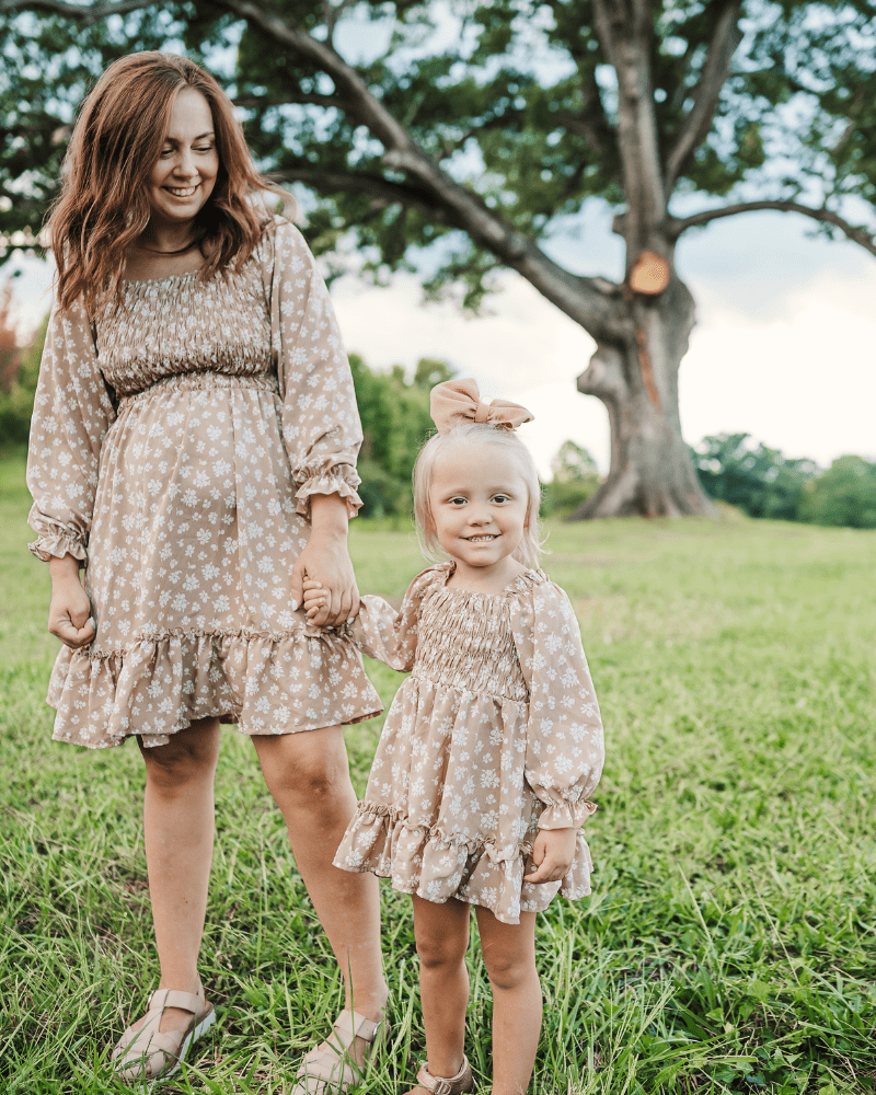 Caroline Long Sleeve Square Neck Dress - Light Khaki Floral from Bailey's Blossoms