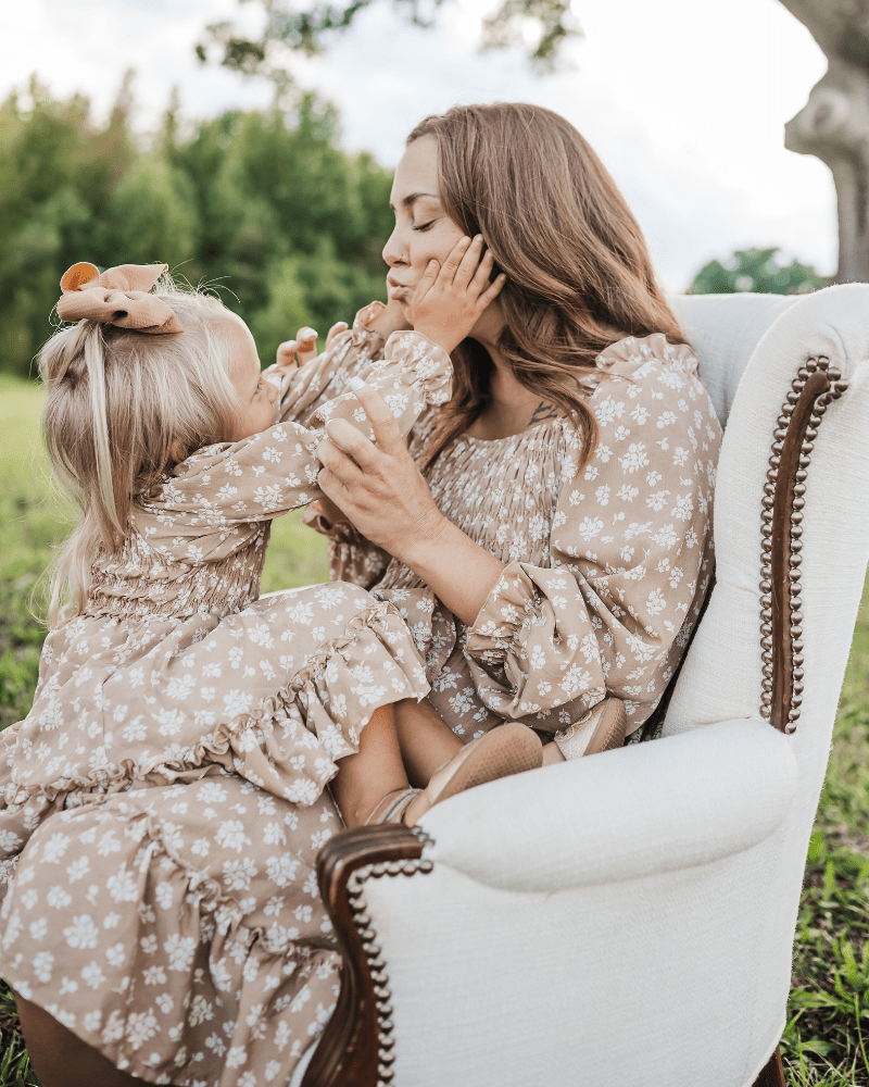 Caroline Long Sleeve Square Neck Dress - Light Khaki Floral from Bailey's Blossoms