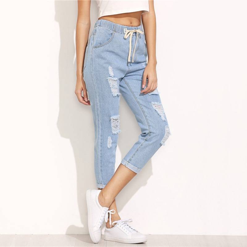 Women's  Casual Ripped Design Blue Jeans From Kawaii Stop