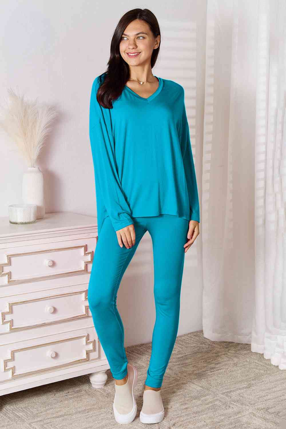 Basic Bae Full Size V-Neck Soft Rayon Long Sleeve Top and Pants Lounge Set from Enfance-Heureuse