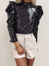 Black Puff Sleeve Sequin Blouse from MsDressly