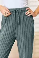 Basic Bae Full Size Ribbed Drawstring Hooded Top and Straight Pants Set from Enfance-Heureuse