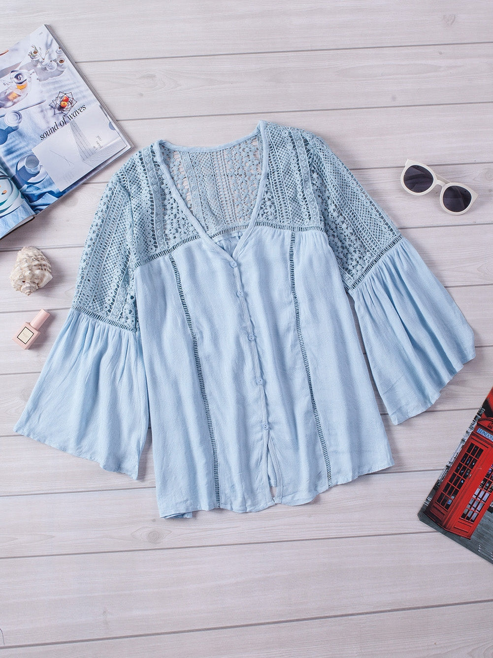 3/4 Sleeve Crochet Blouse in Light Blue from MsDressly