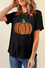Black Glittering Pumpkin Graphic Halloween T Shirt from MsDressly