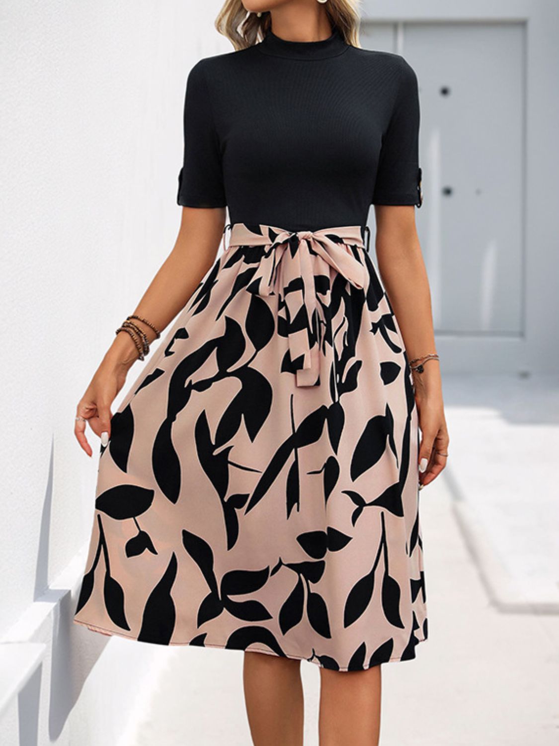 Perfee Tied Printed Mock Neck Short Sleeve Dress from Enfance-Heureuse