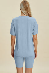 Basic Bae Full Size Ribbed V-Neck Short Sleeve Top and Shorts Set from Enfance-Heureuse