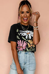 Black Retro Floral Print Crew Neck Casual T Shirt from MsDressly