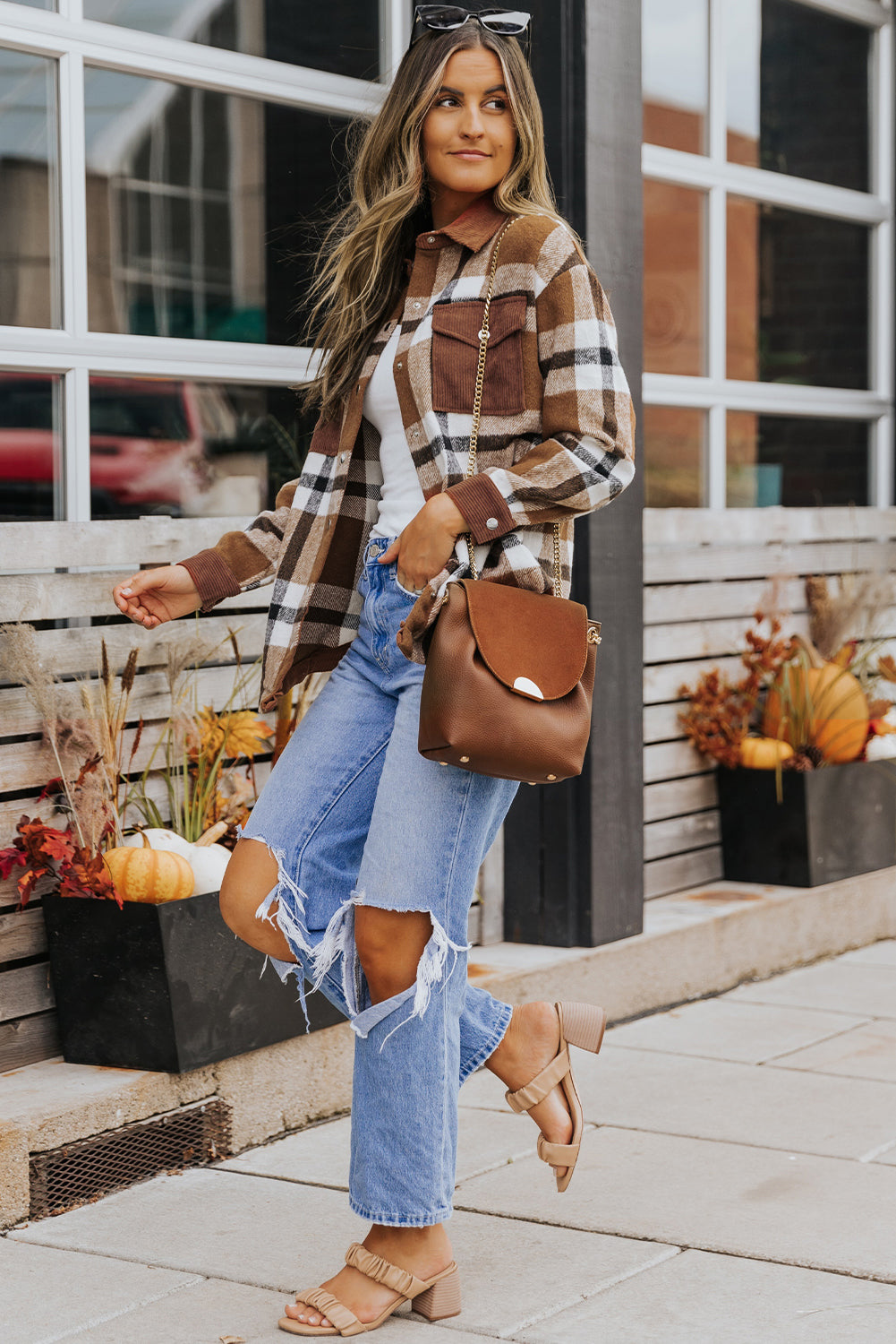 Phoebe Pocketed Buttoned Plaid Shirt Jacket from Threaded Pear