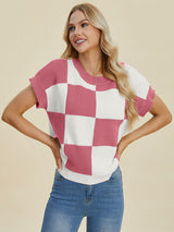 Double Take Full Size Checkered Round Neck Short Sleeve Sweater from Enfance-Heureuse