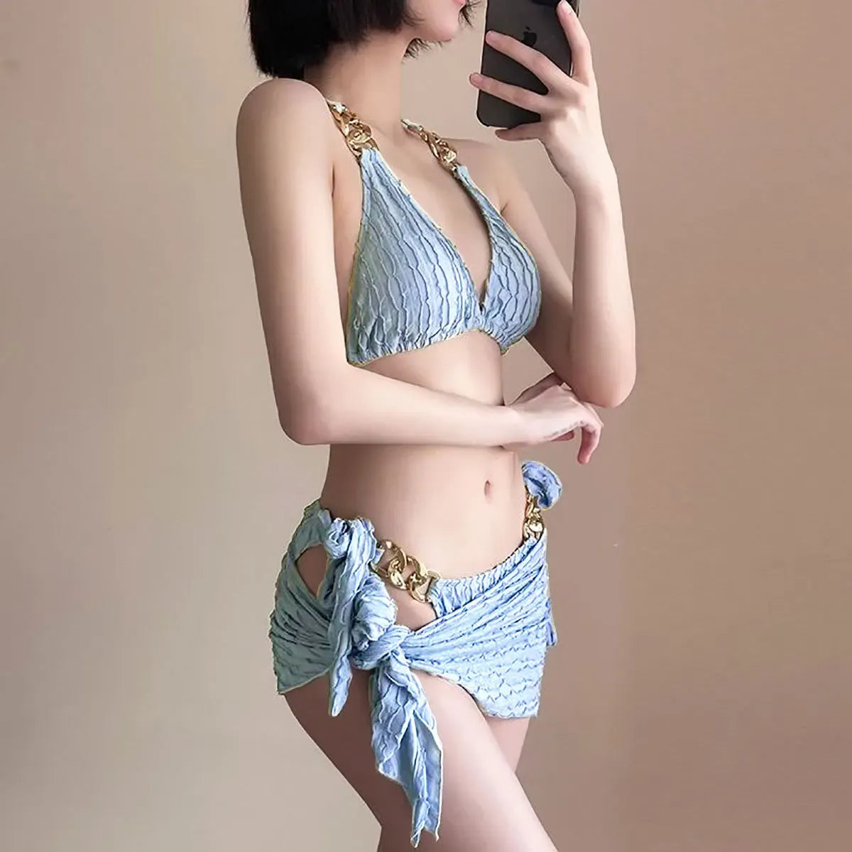 Chain Halter Bikini Set with Skirt – Korean 3PCS Beach Swimwear from Kawaii Stop