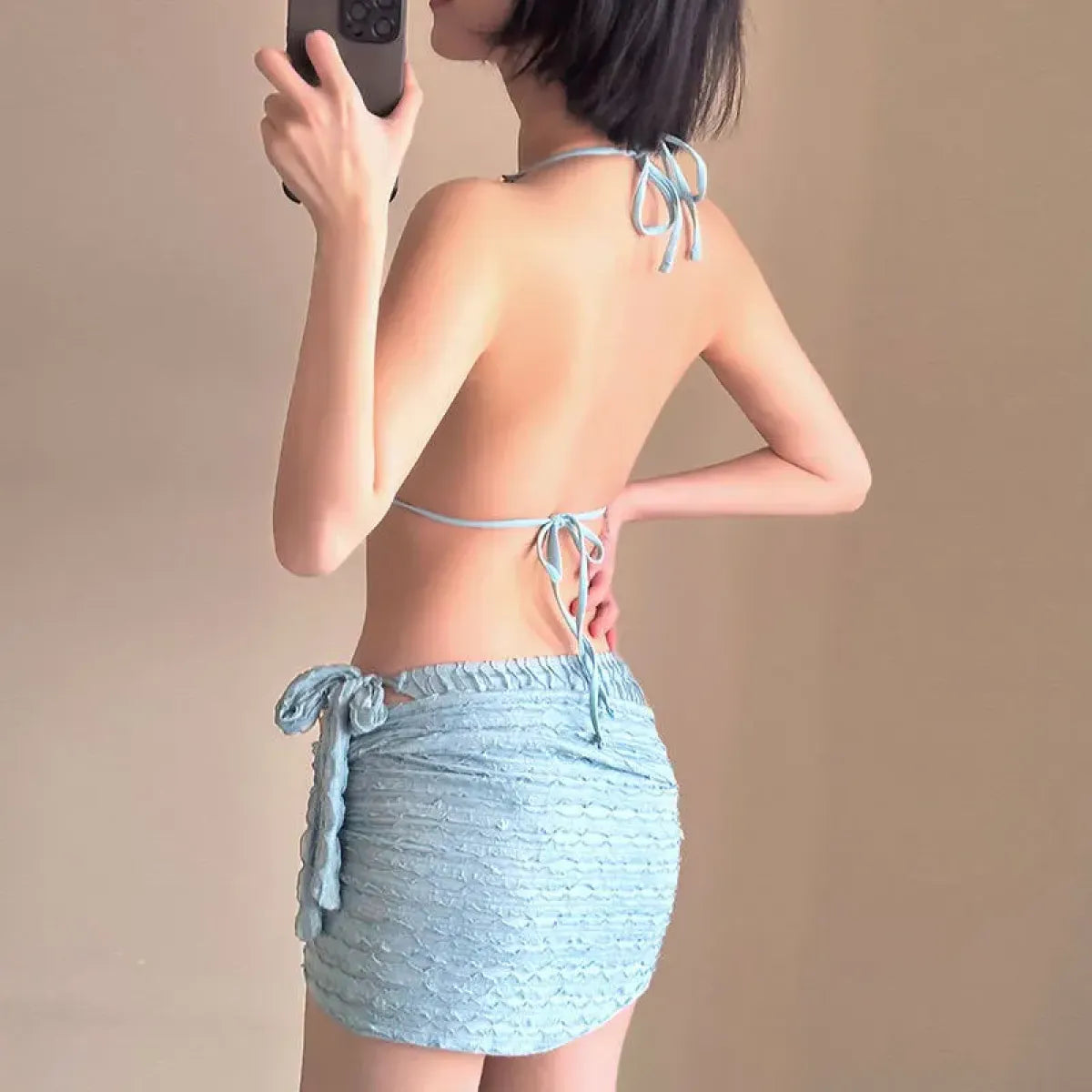 Chain Halter Bikini Set with Skirt – Korean 3PCS Beach Swimwear from Kawaii Stop