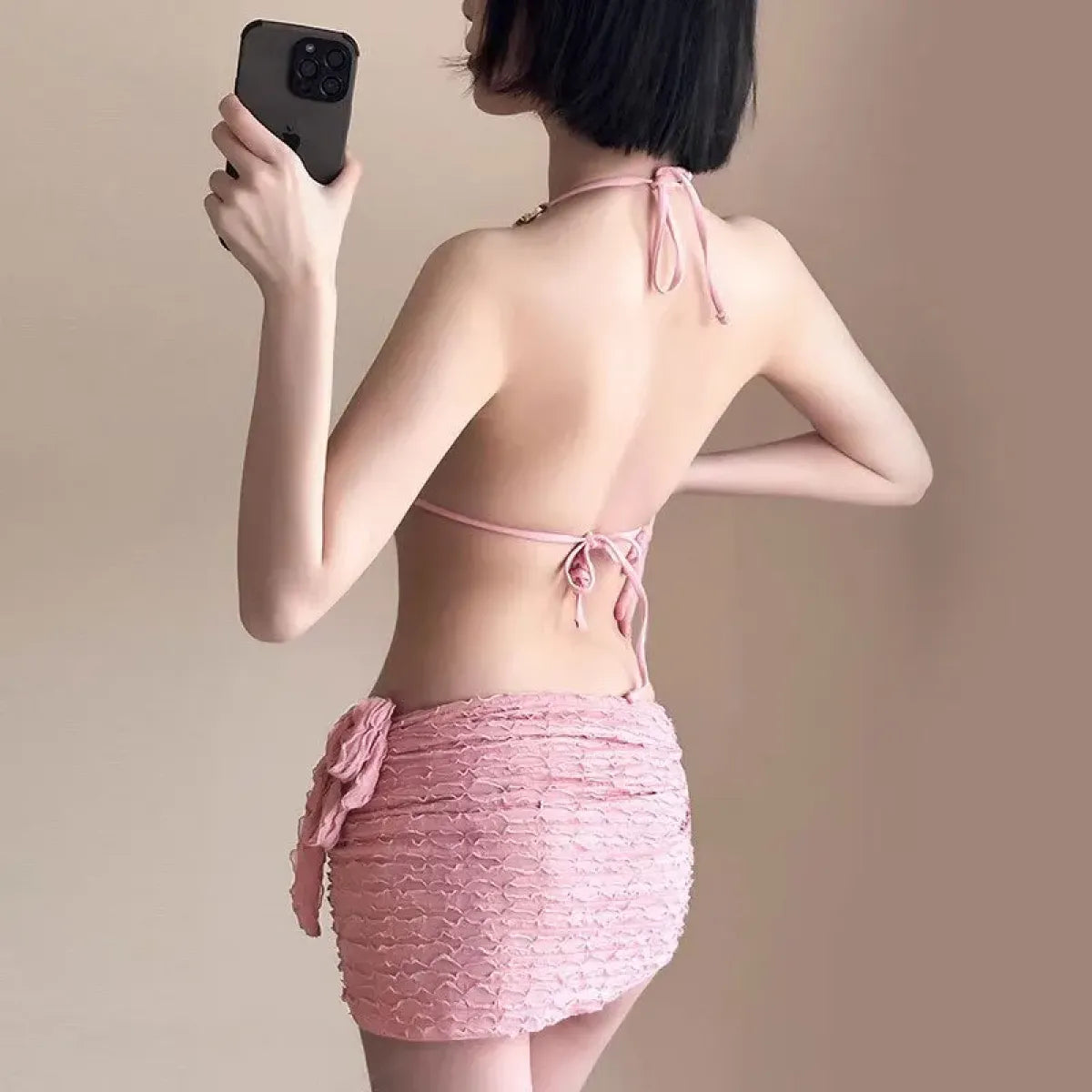 Chain Halter Bikini Set with Skirt – Korean 3PCS Beach Swimwear from Kawaii Stop
