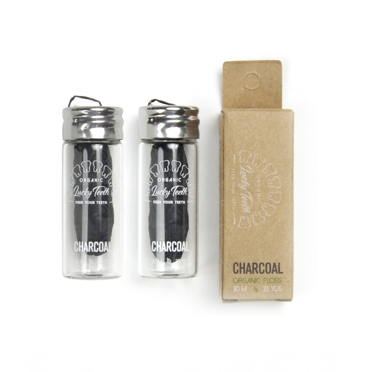 Organic Bamboo Dental Floss - Activated Charcoal Floss in Glass Jar 30m / 33 yds from Lucky Teeth