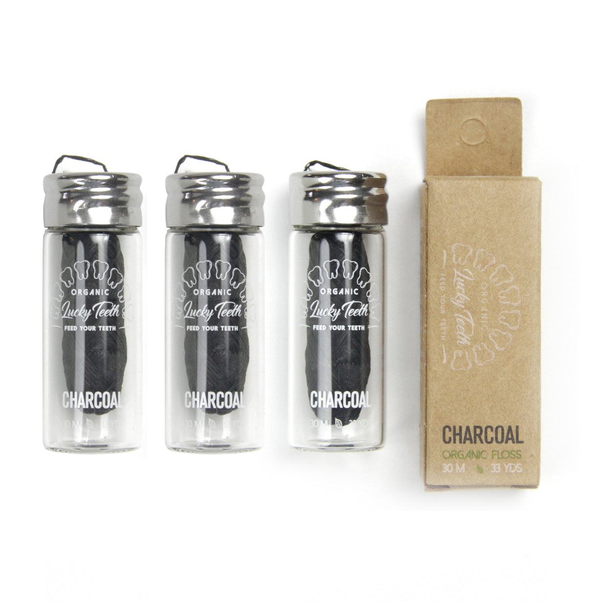 Organic Bamboo Dental Floss - Activated Charcoal Floss in Glass Jar 30m / 33 yds from Lucky Teeth