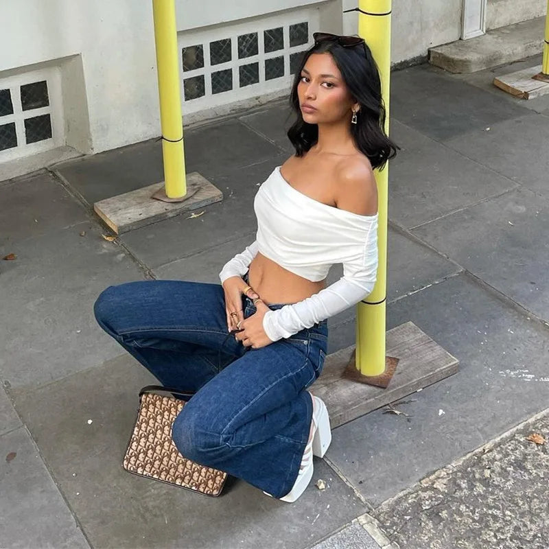 Chic Women Sexy Off Shoulder T-shirt Spring Long Sleeve Slim Fit Crop Top Y2K Vintage Harajuku White Tees Elegant Female Clothes From Kawaii Stop