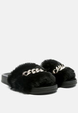 Chums Metal Chain Detail Fur Slides from London Rag International