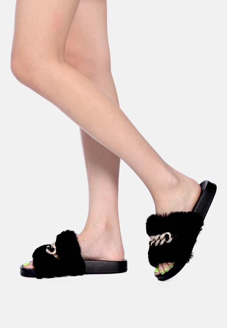 Chums Metal Chain Detail Fur Slides from London Rag International