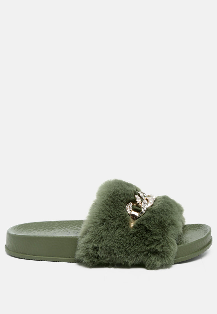 Chums Metal Chain Detail Fur Slides from London Rag International