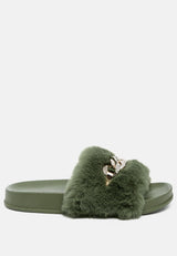 Chums Metal Chain Detail Fur Slides from London Rag International