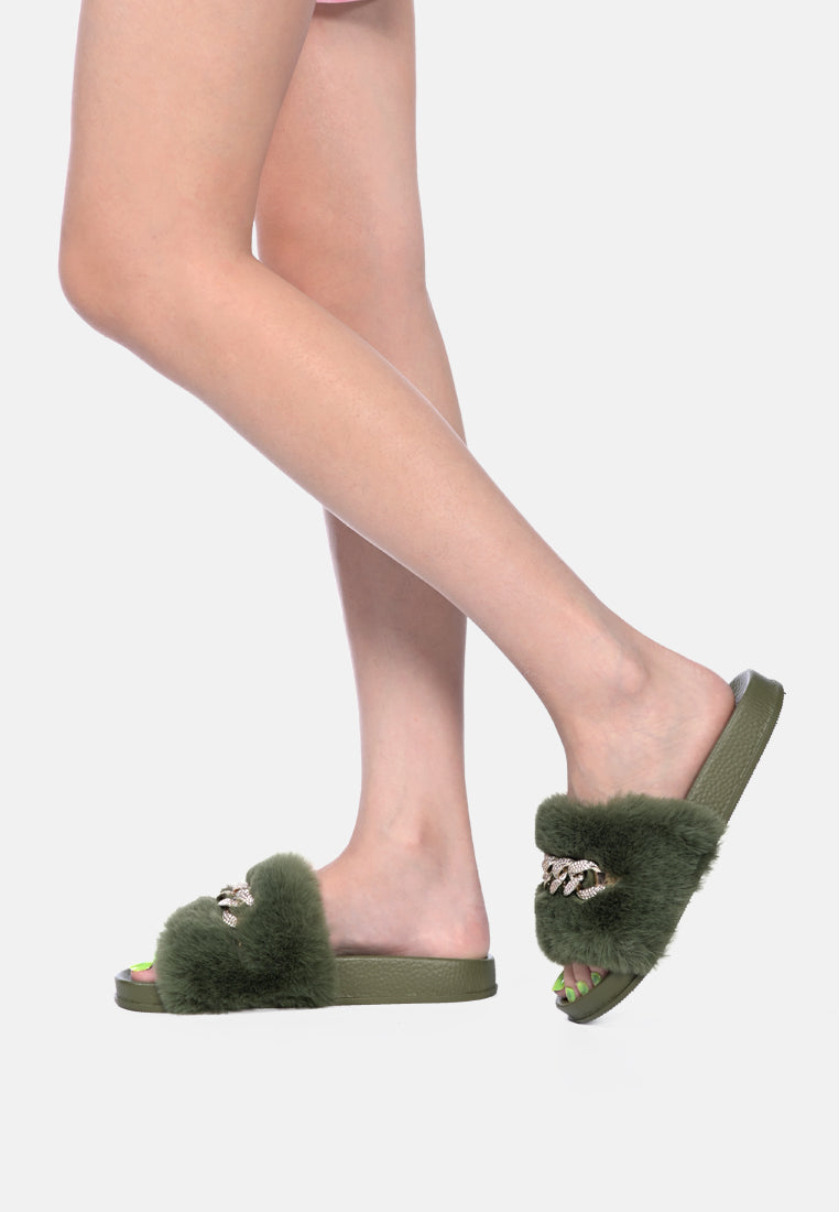 Chums Metal Chain Detail Fur Slides from London Rag International