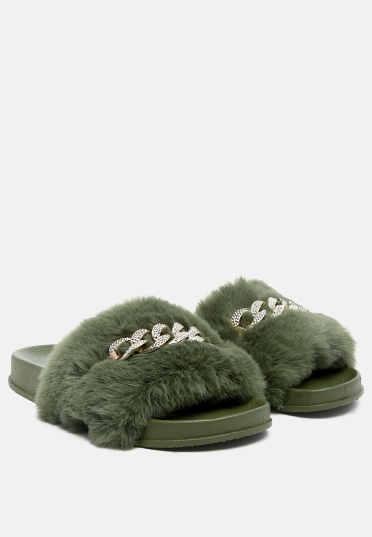 Chums Metal Chain Detail Fur Slides from London Rag International