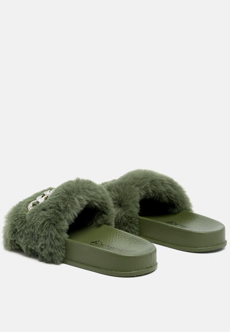 Chums Metal Chain Detail Fur Slides from London Rag International