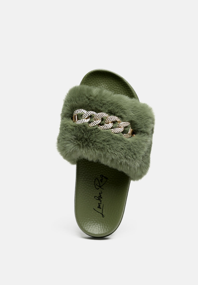 Chums Metal Chain Detail Fur Slides from London Rag International