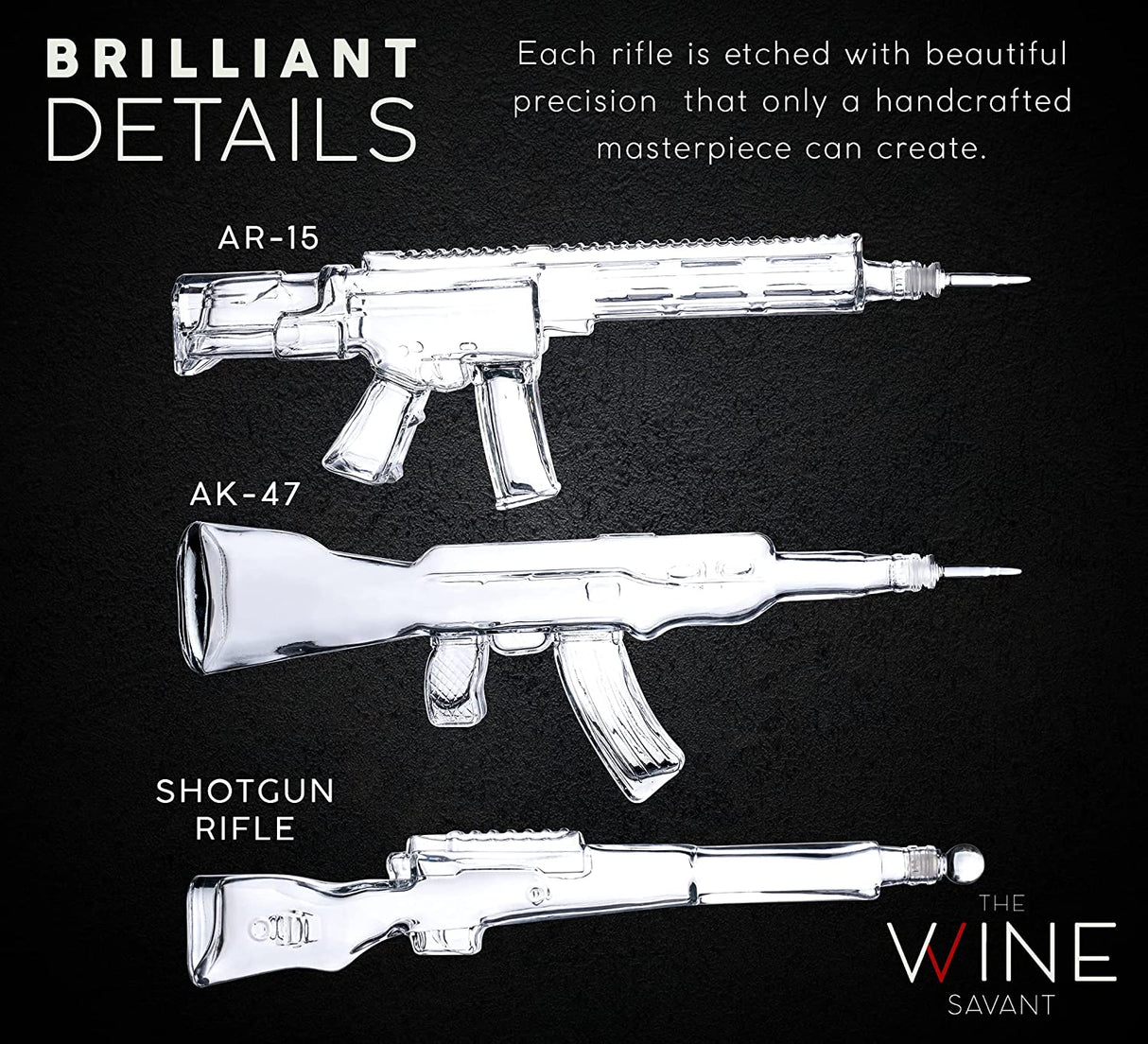 3 Gun Whiskey Decanters Set AR15, AK47, & Rifle Gun Decanter Set 1000ml by The Wine Savant - Veteran Gifts, Home Bar, Gun Lover Gifts, Tik Tok Gun Decanter, Military Gifts from The Wine Savant