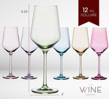 Colored Crystal Wine Glass Set of 6, Large Stemmed 12 oz Glasses, Great for all Occasions & Special Celebrations Unique Italian Style Tall Drinkware for Red & White Wine, Water Dinner, Color Glassware from The Wine Savant