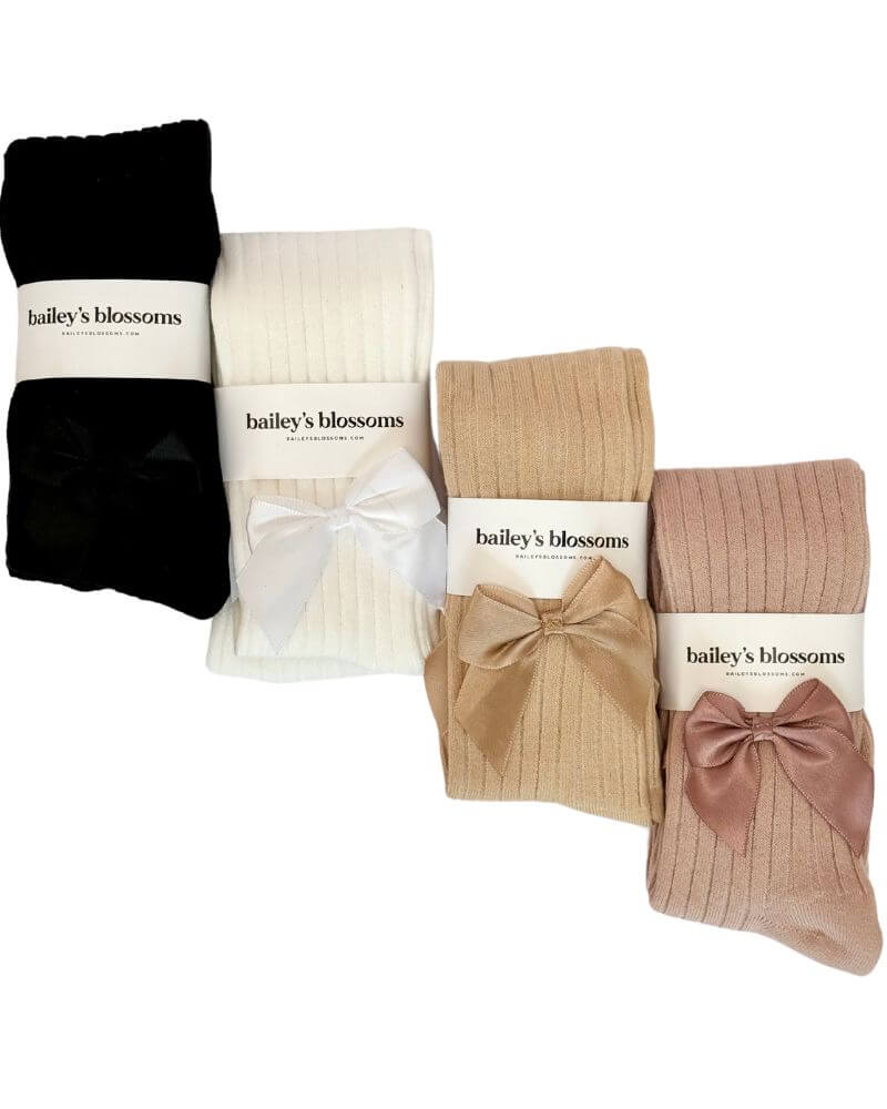 Collette Ribbed Satin Bow Tights from Bailey's Blossoms